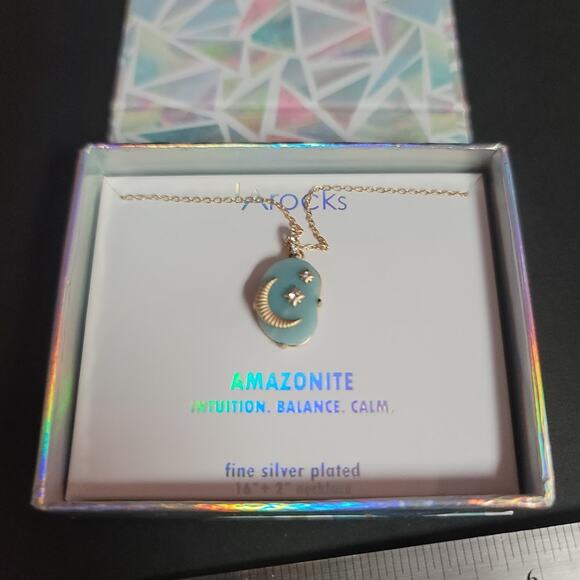 Amazonite File Silver Plated 16" + 2" Necklace with The moon and Stars Pendant - Picture 4 of 4